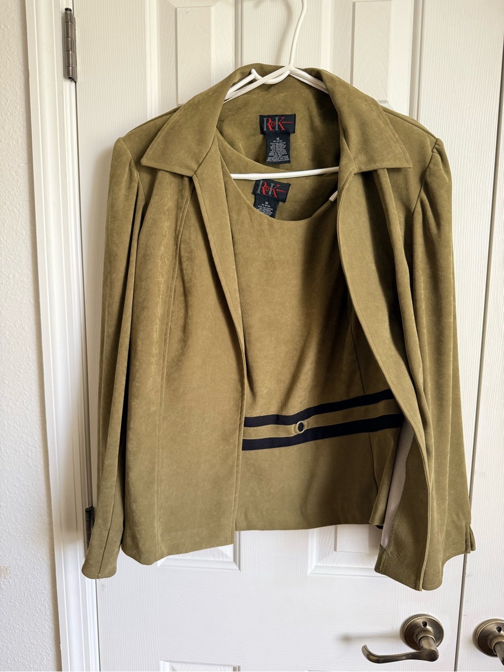 R&K Olive Green Suede Blazer and vest with Black Trim